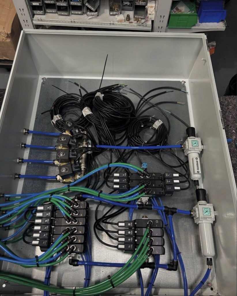 Completed bespoke pneumatic control panel, fully wired and plumbed with Aventics valves, manifolds and air treatment